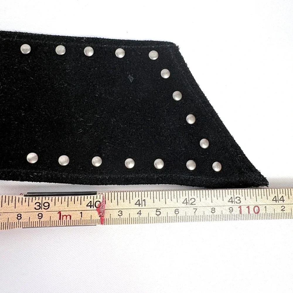 Suede‎ Wide Waist Belt Black Silver Studded Rectangular Buckle Boho Glam Y2K
